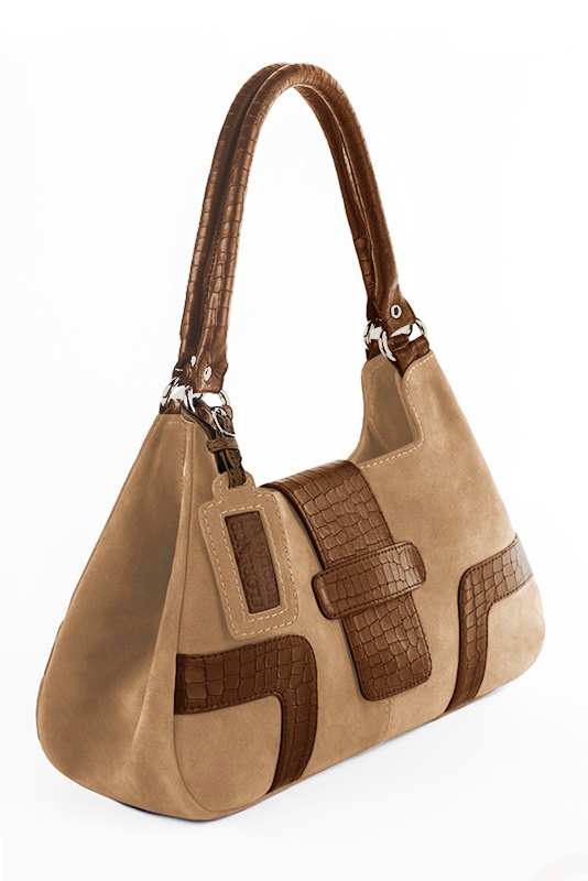 Tan beige and caramel brown women's dress handbag, matching pumps and belts. Top view - Florence KOOIJMAN